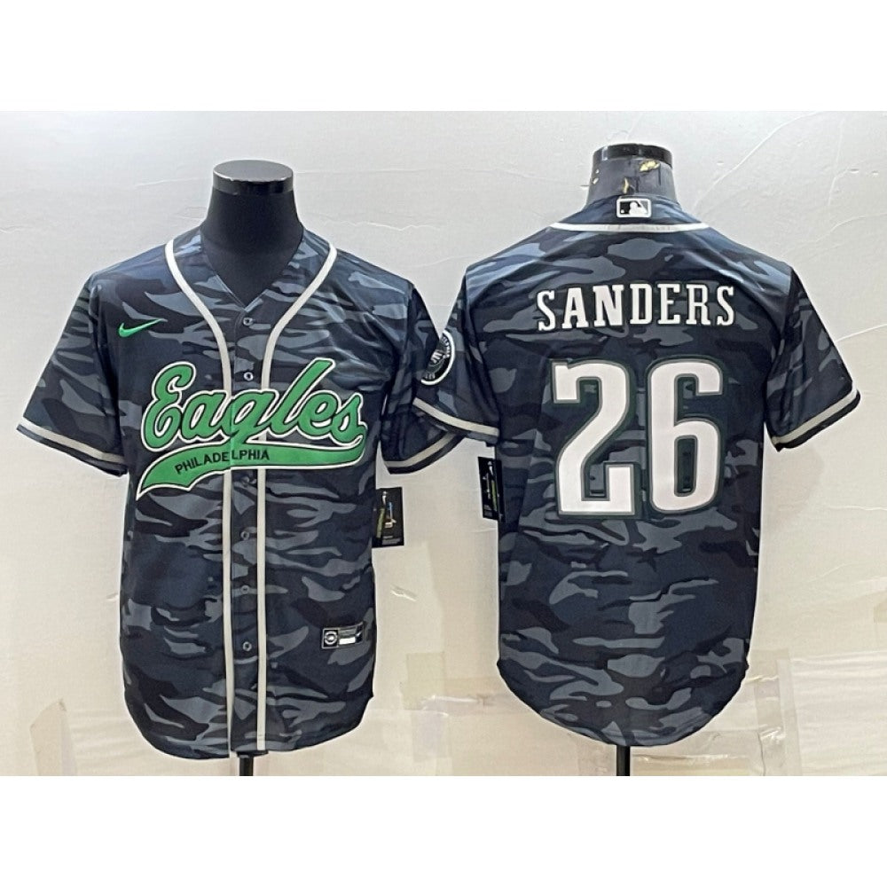 Men's Philadelphia Eagles #26 Miles Sanders Grey Camo With Patch Cool Base Stitched Baseball Jersey 