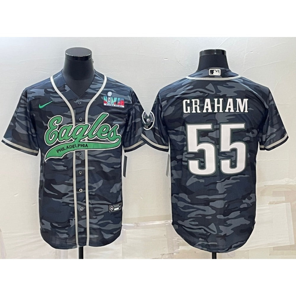 Men's Philadelphia Eagles #55 Brandon Graham Grey Camo With Super Bowl LVII Patch Cool Base Stitched Baseball Jersey 