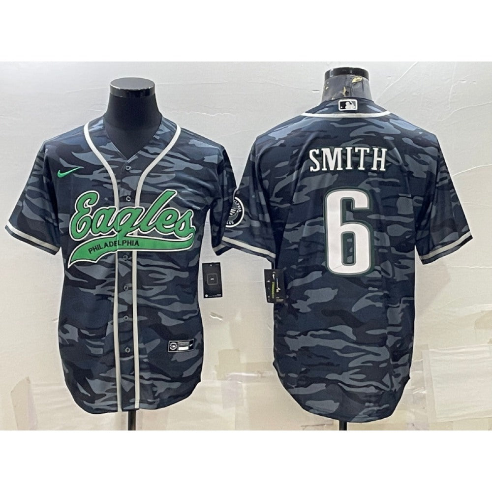 Men's Philadelphia Eagles #6 DeVonta Smith Grey Camo With Patch Cool Base Stitched Baseball Jersey 