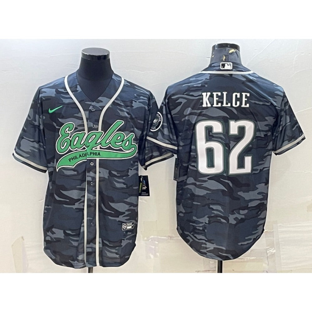 Men's Philadelphia Eagles #62 Jason Kelce Grey Camo With Patch Cool Base Stitched Baseball Jersey 