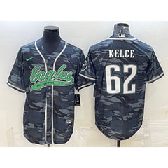 Men's Philadelphia Eagles #62 Jason Kelce Grey Camo With Patch Cool Base Stitched Baseball Jersey 