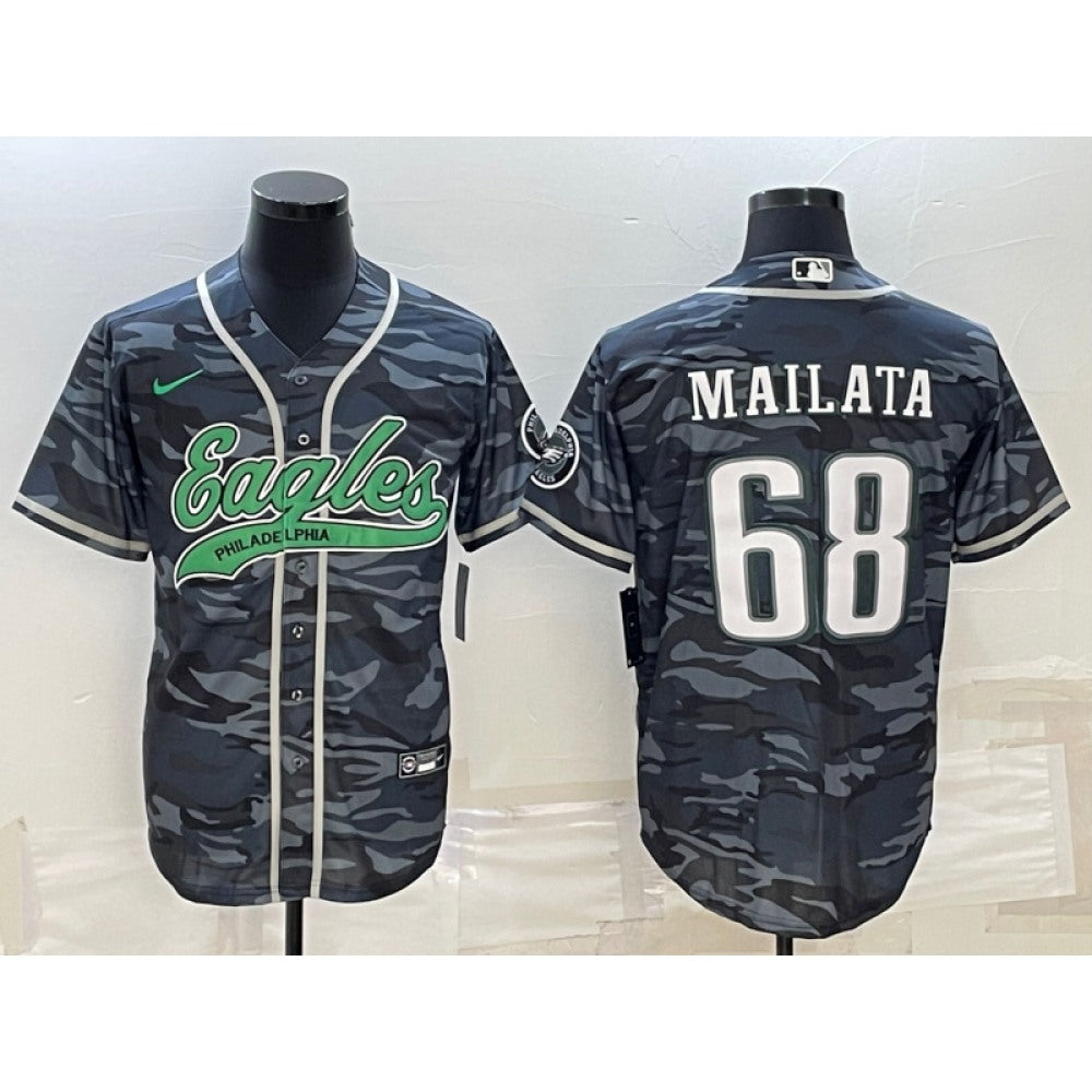 Men's Philadelphia Eagles #68 Jordan Mailata Grey Camo With Patch Cool Base Stitched Baseball Jersey 