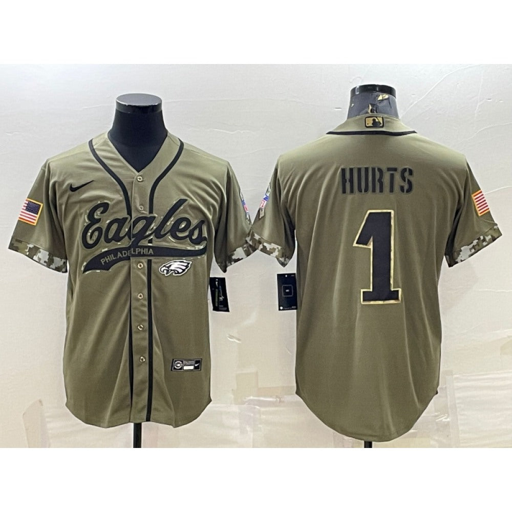 Men's Philadelphia Eagles #1 Jalen Hurts Olive 2022 Salute To Service Cool Base Stitched Baseball Jersey 