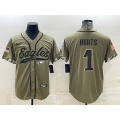 Men's Philadelphia Eagles #1 Jalen Hurts Olive 2022 Salute To Service Cool Base Stitched Baseball Jersey 
