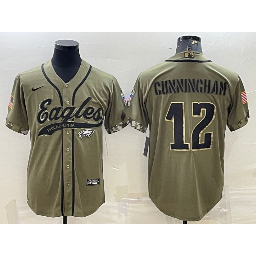 Men's Philadelphia Eagles #12 Randall Cunningham Olive 2022 Salute To Service Cool Base Stitched Baseball Jersey 