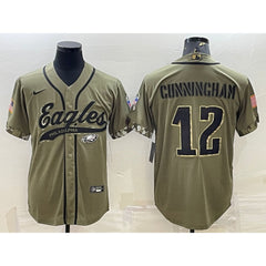 Men's Philadelphia Eagles #12 Randall Cunningham Olive 2022 Salute To Service Cool Base Stitched Baseball Jersey 