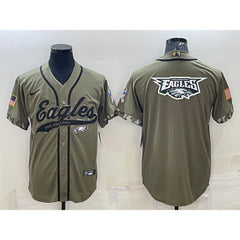 Men's Philadelphia Eagles Olive 2022 Salute To Service Team Big Logo Cool Base Stitched Baseball Jersey 001 