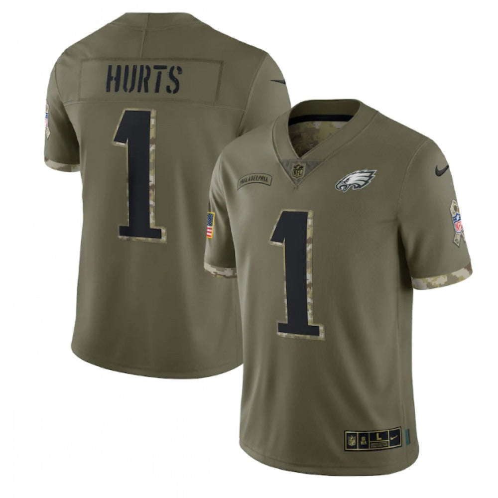 Men's Philadelphia Eagles #1 Jalen Hurts Olive 2022 Salute To Service Limited Stitched Jersey 