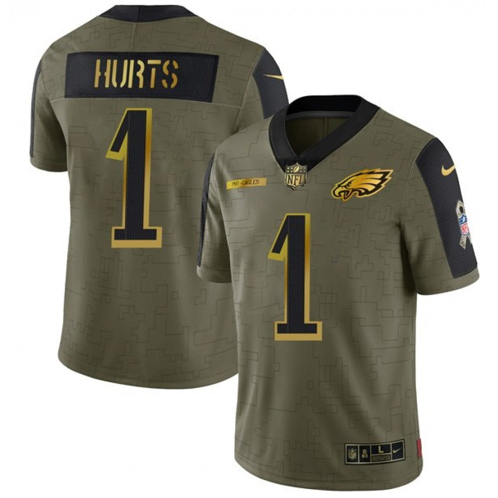 Men's Philadelphia Eagles #1 Jalen Hurts 2021 Olive Salute To Service Golden Limited Stitched Jersey 