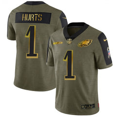 Men's Philadelphia Eagles #1 Jalen Hurts 2021 Olive Salute To Service Golden Limited Stitched Jersey 