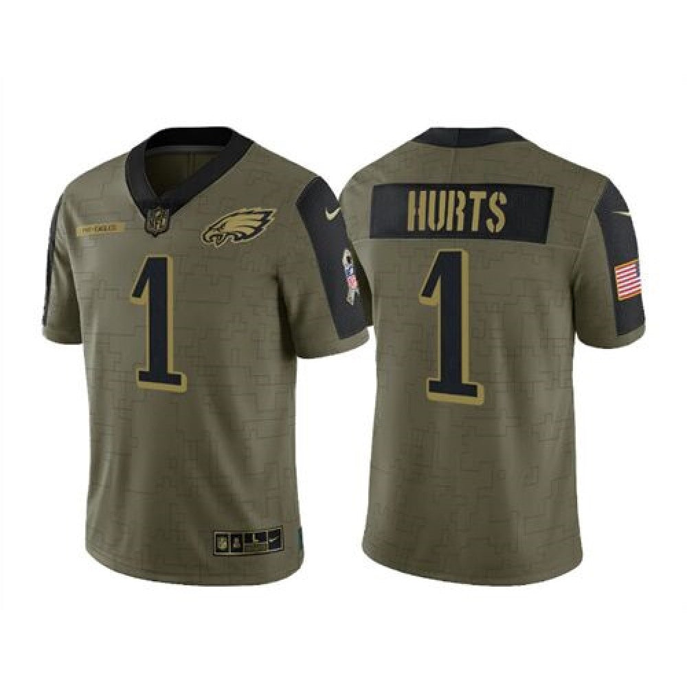 Men's Philadelphia Eagles #1 Jalen Hurts 2021 Olive Salute To Service Limited Stitched Jersey 