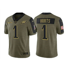 Men's Philadelphia Eagles #1 Jalen Hurts 2021 Olive Salute To Service Limited Stitched Jersey 