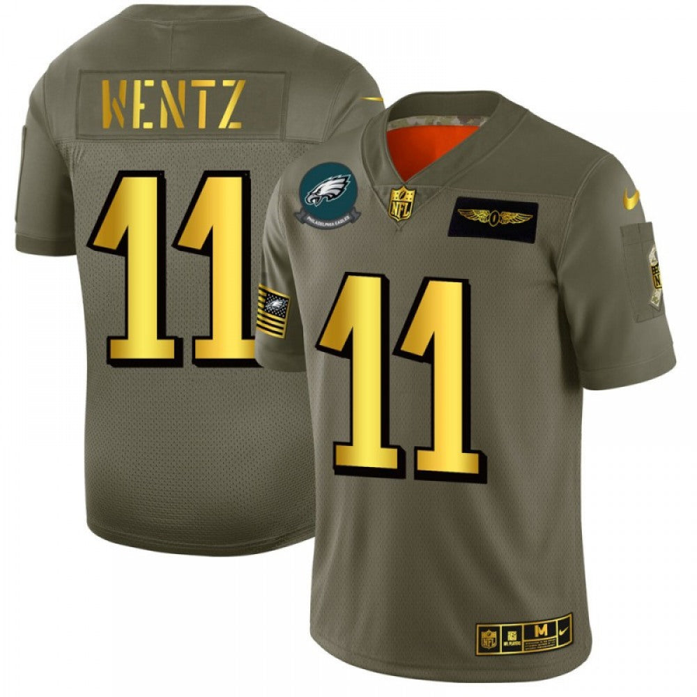 Men's Philadelphia Eagles #11 Carson Wentz 2019 Olive/Gold Salute To Service Limited Stitched NFL Jersey 