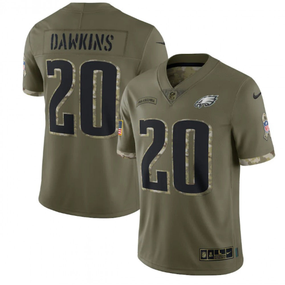 Men's Philadelphia Eagles #20 Brian Dawkins Olive 2022 Salute To Service Limited Stitched Jersey 