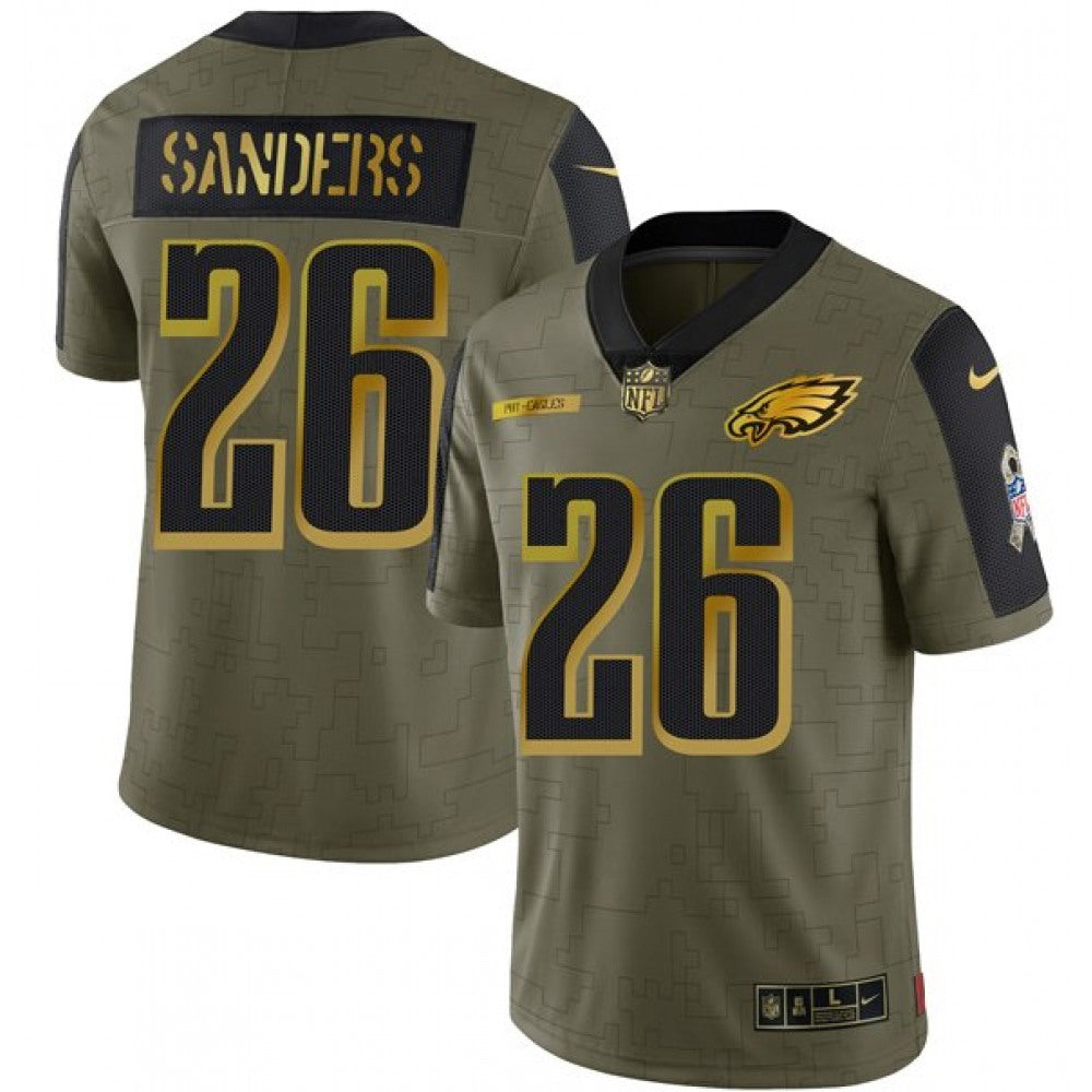 Men's Philadelphia Eagles #26 Miles Sanders 2021 Olive Salute To Service Golden Limited Stitched Jersey 