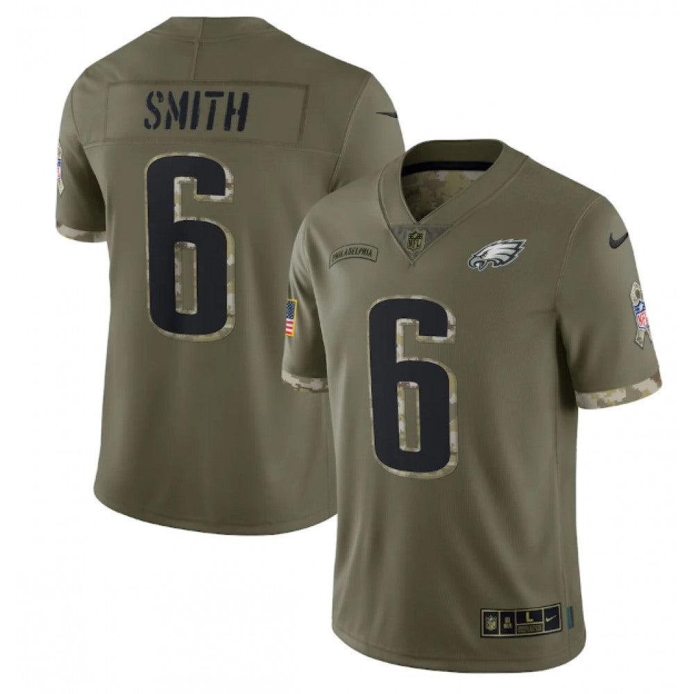 Men's Philadelphia Eagles #6 DeVonta Smith Olive 2022 Salute To Service Limited Stitched Jersey 
