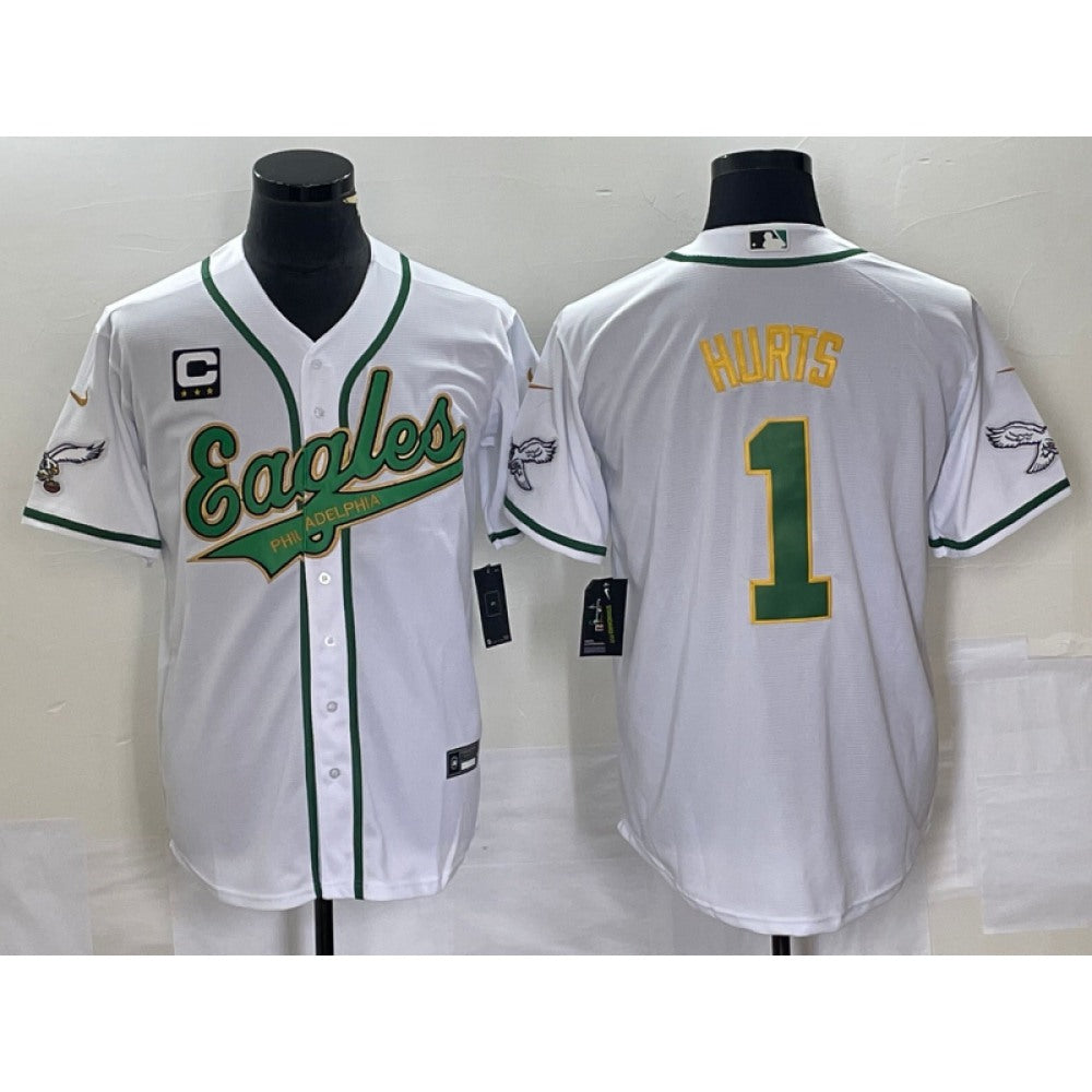 Men's Philadelphia Eagles #1 Jalen Hurts White Gold With 3-star C Patch Cool Base Stitched Baseball Jersey 