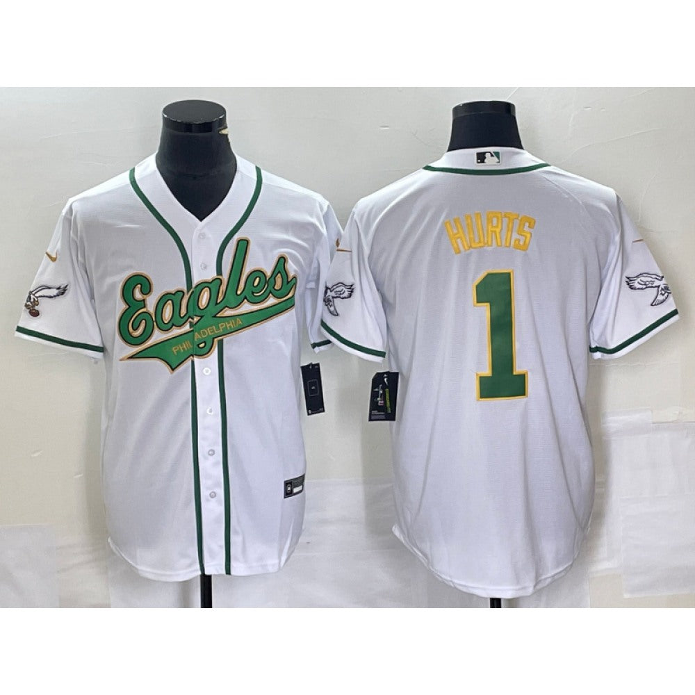 Men's Philadelphia Eagles #1 Jalen Hurts White Gold Cool Base Stitched Baseball Jersey 