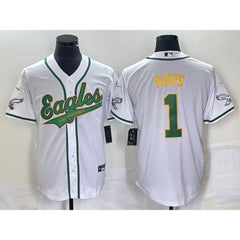 Men's Philadelphia Eagles #1 Jalen Hurts White Gold Cool Base Stitched Baseball Jersey 