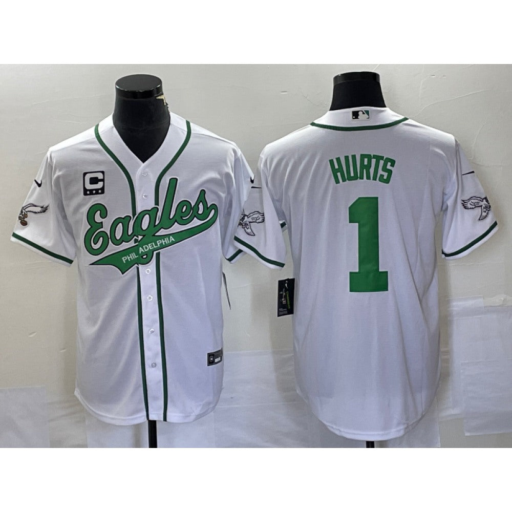 Men's Philadelphia Eagles #1 Jalen Hurts White With 3-star C Patch Cool Base Stitched Baseball Jersey 