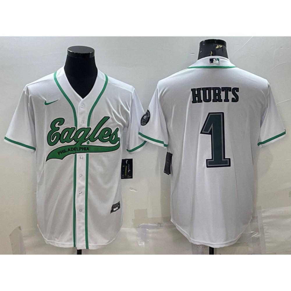 Men's Philadelphia Eagles #1 Jalen Hurts White With Patch Cool Base Stitched Baseball Jersey 