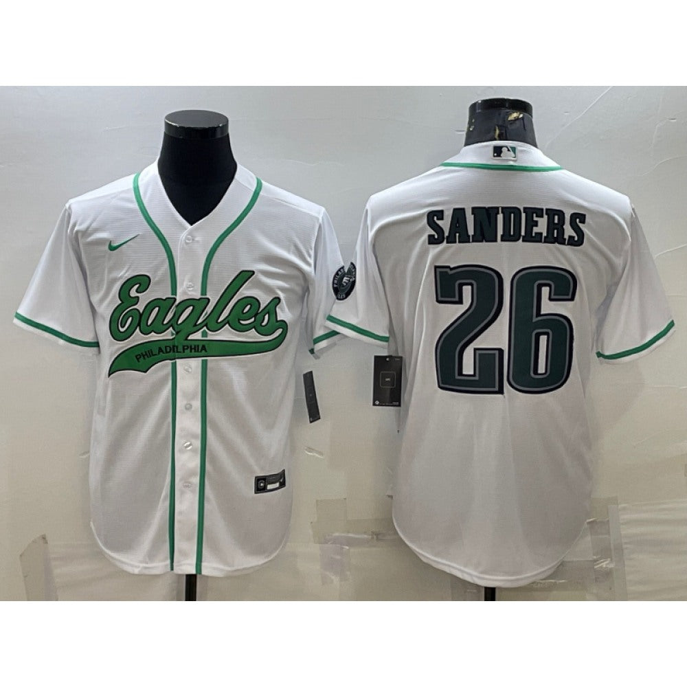 Men's Philadelphia Eagles #26 Miles Sanders White With Patch Cool Base Stitched Baseball Jersey 