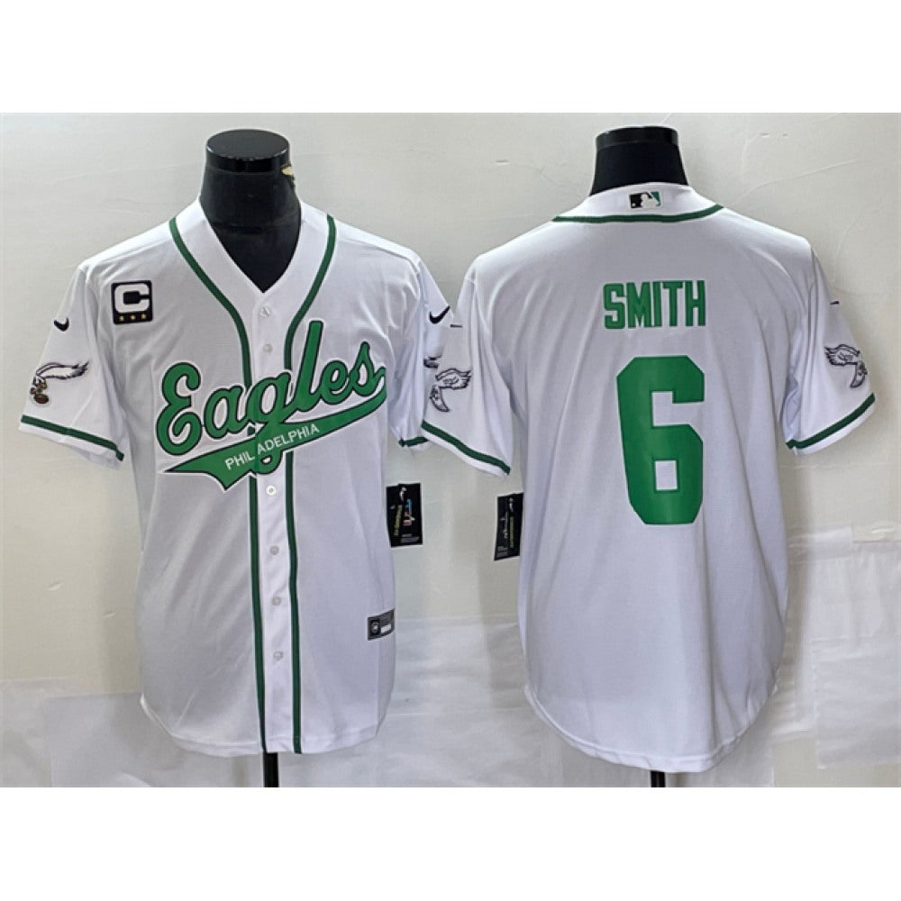 Men's Philadelphia Eagles #6 DeVonta Smith White With 3-star C Patch Cool Base Stitched Baseball Jersey 