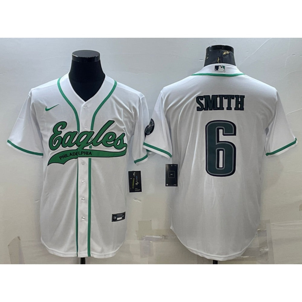 Men's Philadelphia Eagles #6 DeVonta Smith White With Patch Cool Base Stitched Baseball Jersey 