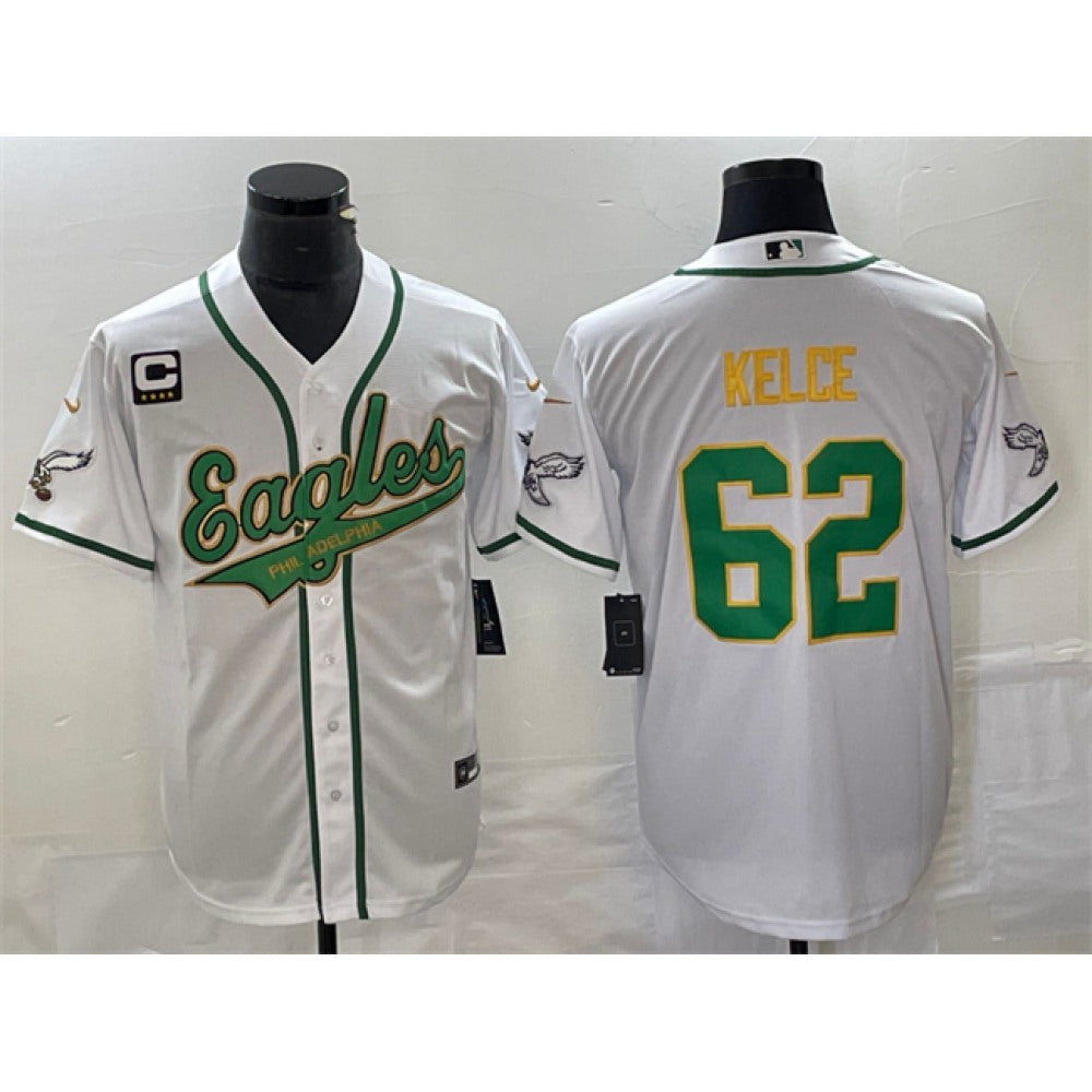 Men's Philadelphia Eagles #62 Jason Kelce White Gold With 3-star C Patch Cool Base Stitched Baseball Jersey 