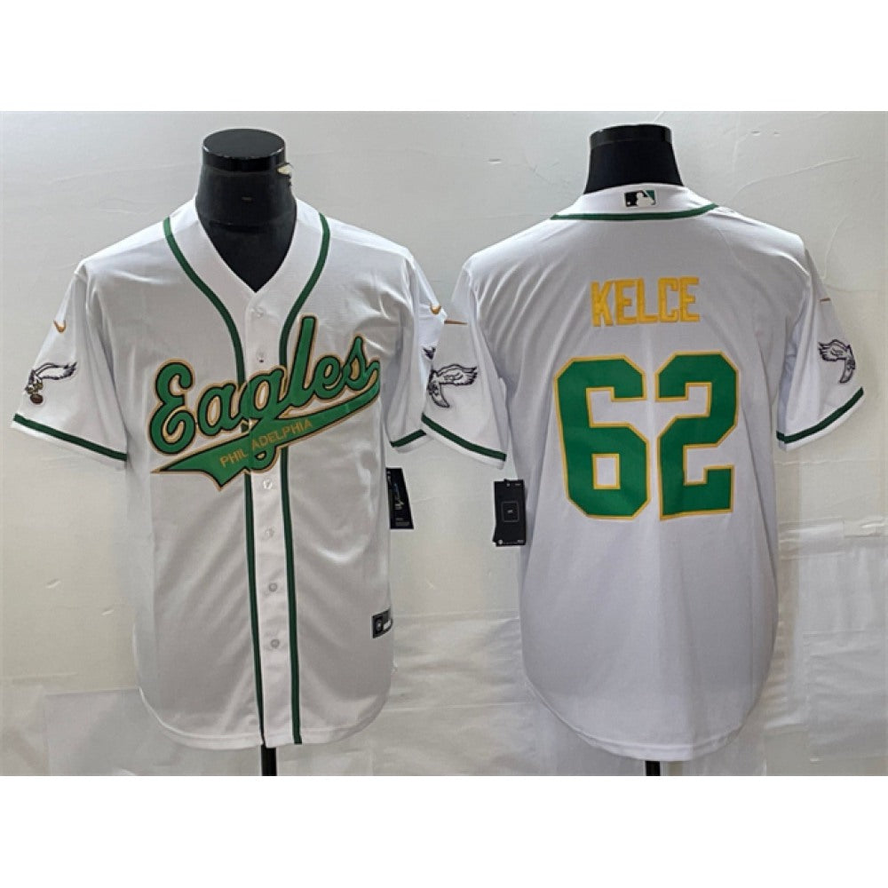 Men's Philadelphia Eagles #62 Jason Kelce White Gold Cool Base Stitched Baseball Jersey 