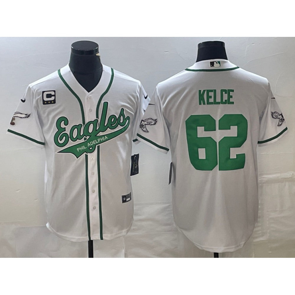 Men's Philadelphia Eagles #62 Jason Kelce White With 4-star C Patch Cool Base Stitched Baseball Jersey 
