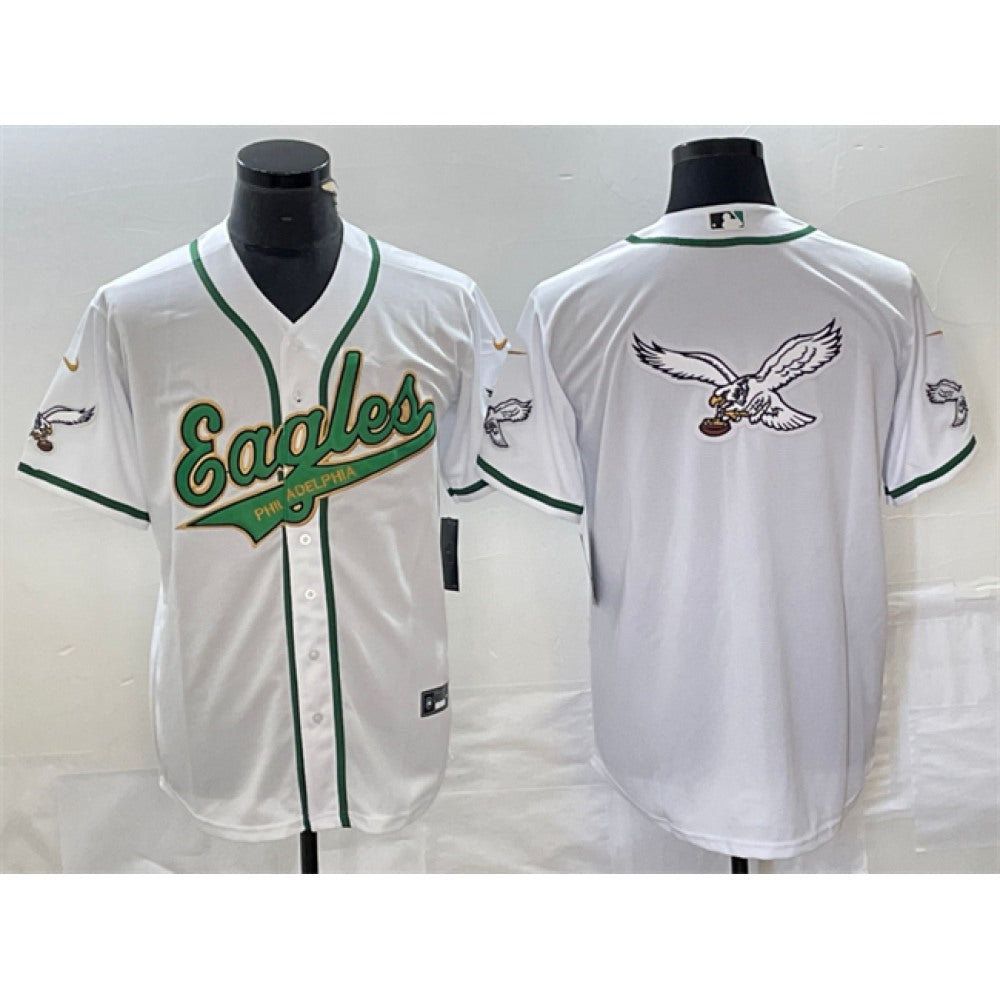Men's Philadelphia Eagles White Gold Team Big Logo Cool Base Stitched Baseball Jersey 