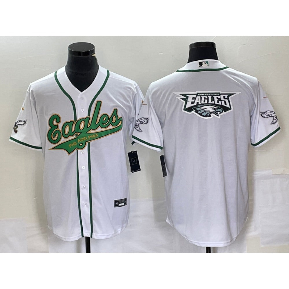 Men's Philadelphia Eagles White Gold Team Big Logo Cool Base Stitched Baseball Jersey 