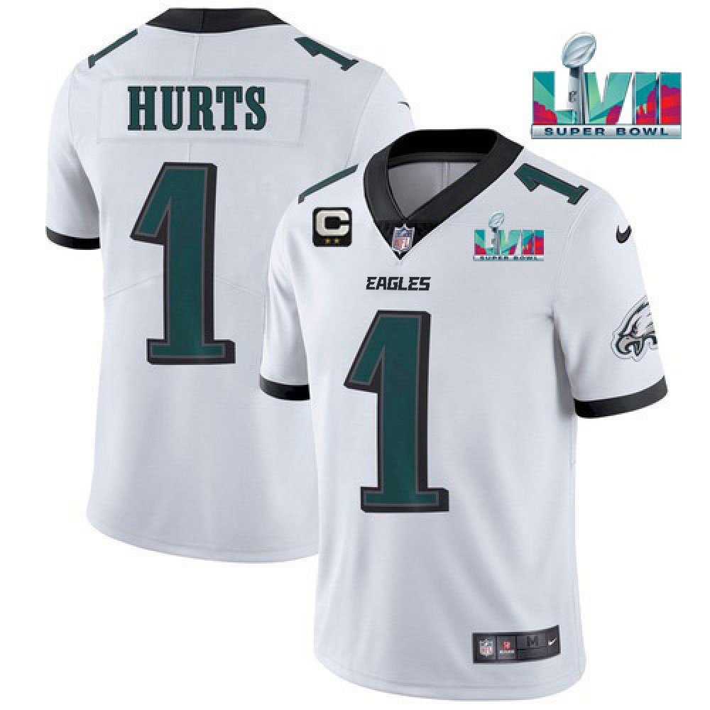 Men's Philadelphia Eagles #1 Jalen Hurts White Super Bowl LVII Patch And 2-star C Patch Vapor Untouchable Limited Stitched Jersey 