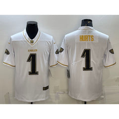 Men's Philadelphia Eagles #1 Jalen Hurts White Gold Limited Stitched Jersey 
