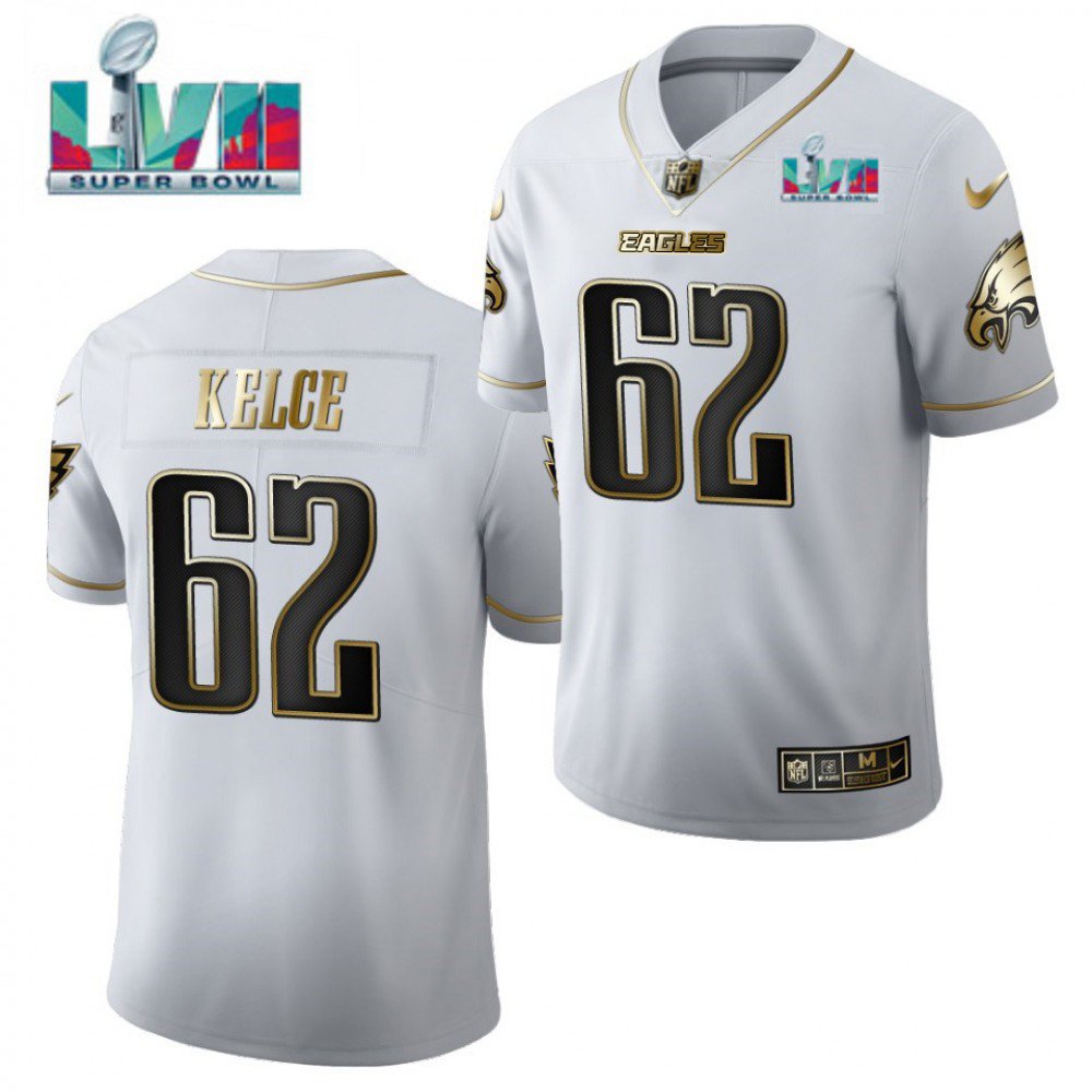 Men's Philadelphia Eagles #62 Jason Kelce White Golden Super Bowl LVII Patch Limited Stitched Jersey 
