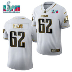Men's Philadelphia Eagles #62 Jason Kelce White Golden Super Bowl LVII Patch Limited Stitched Jersey 