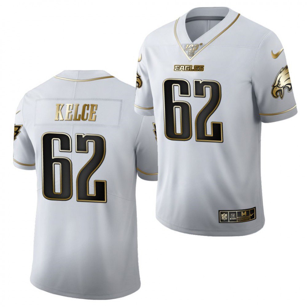 Men's Philadelphia Eagles #62 Jason Kelce White Golden 100th Season Limited Stitched Jersey 