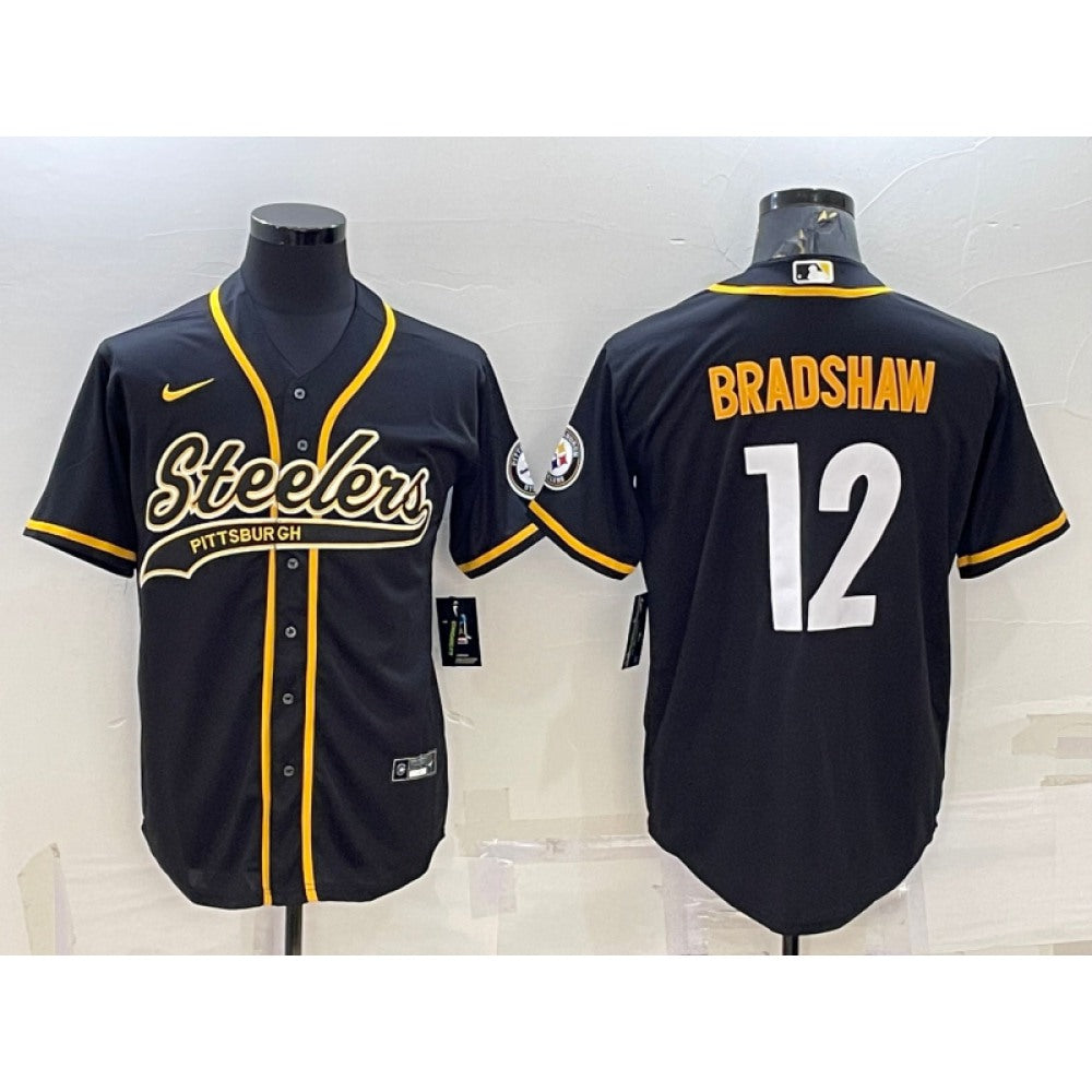 Men's Pittsburgh Steelers #12 Terry Bradshaw Black With Patch Cool Base Stitched Baseball Jersey 