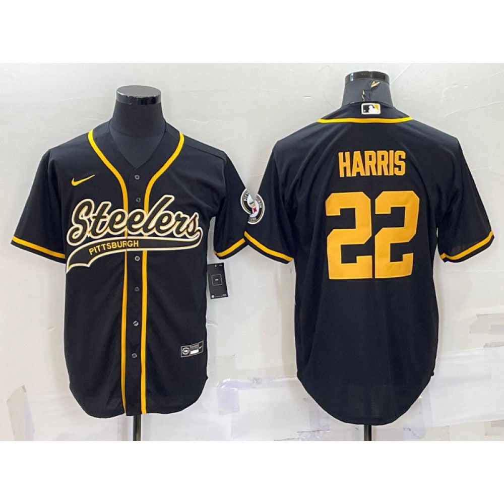 Men's Pittsburgh Steelers #22 Najee Harris Black Gold With Patch Cool Base Stitched Baseball Jersey 