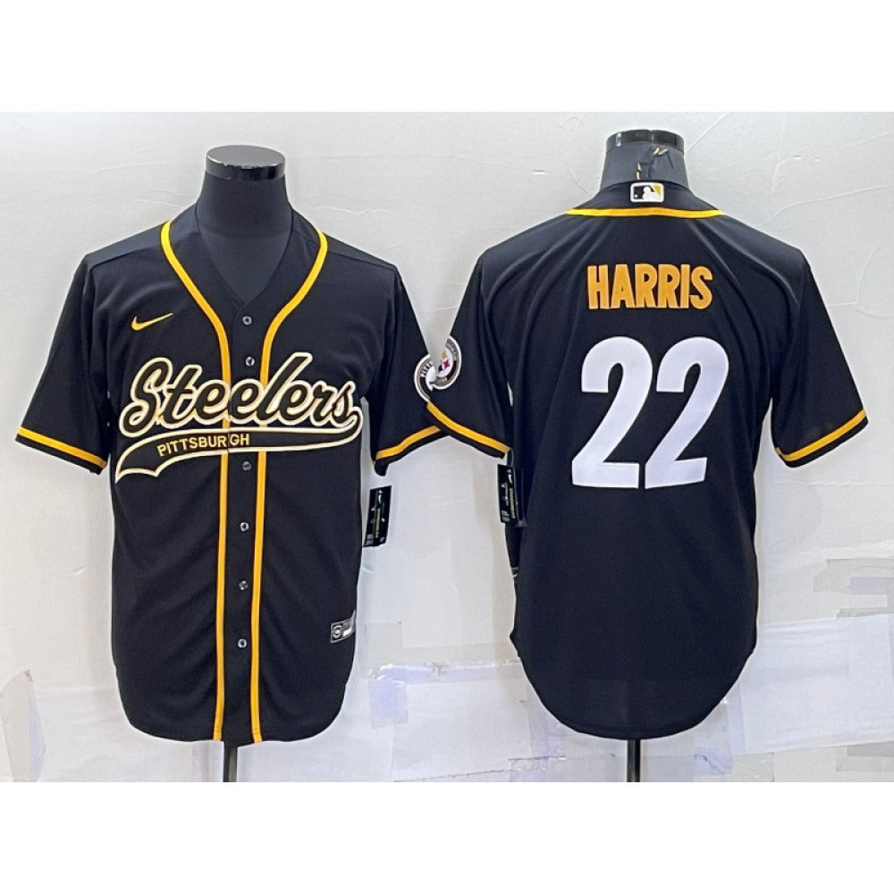 Men's Pittsburgh Steelers #22 Najee Harris Black With Patch Cool Base Stitched Baseball Jersey 