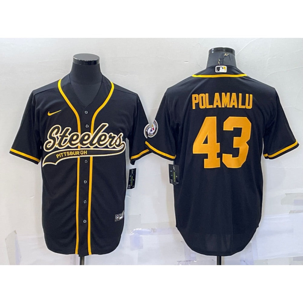 Men's Pittsburgh Steelers #43 Troy Polamalu Black Gold With Patch Cool Base Stitched Baseball Jersey 