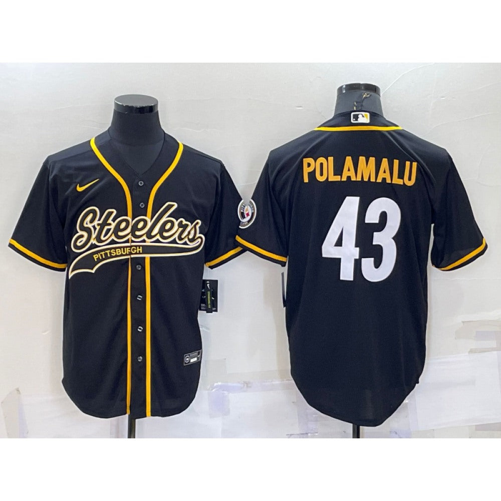 Men's Pittsburgh Steelers #43 Troy Polamalu Black With Patch Cool Base Stitched Baseball Jersey 