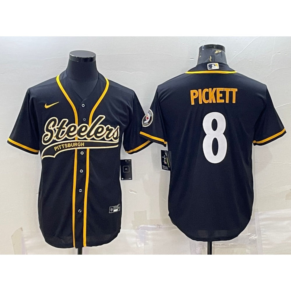 Men's Pittsburgh Steelers #8 Kenny Pickett Black With Patch Cool Base Stitched Baseball Jersey 