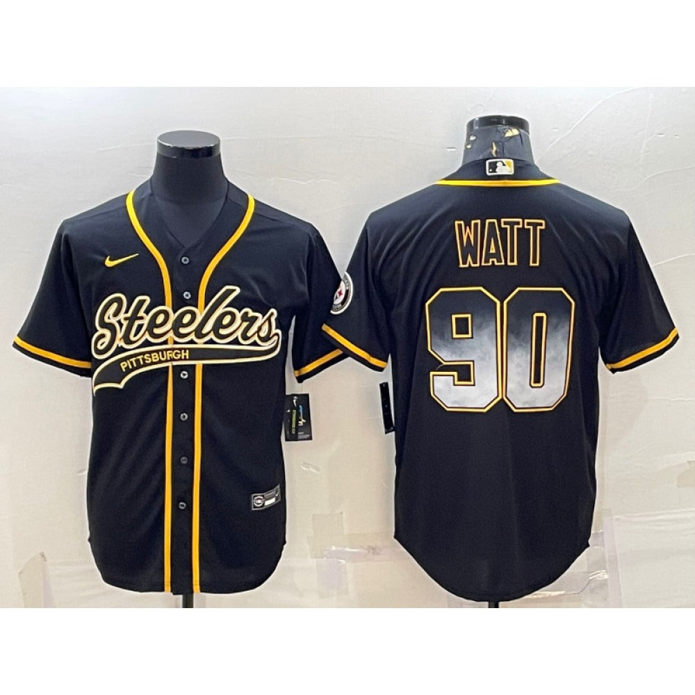 Men's Pittsburgh Steelers #90 T.J. Watt Black Gold With Patch Cool Base Stitched Baseball Jersey 