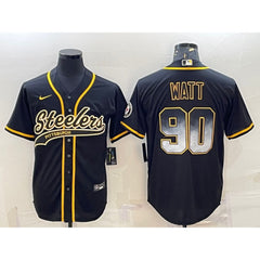 Men's Pittsburgh Steelers #90 T.J. Watt Black Gold With Patch Cool Base Stitched Baseball Jersey 