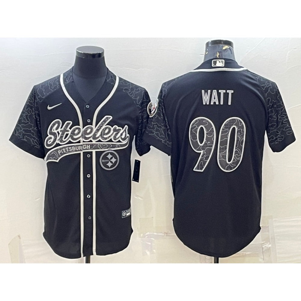 Men's Pittsburgh Steelers #90 T.J. Watt Black Reflective With Patch Cool Base Stitched Baseball Jersey 