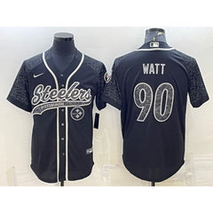 Men's Pittsburgh Steelers #90 T.J. Watt Black Reflective With Patch Cool Base Stitched Baseball Jersey 