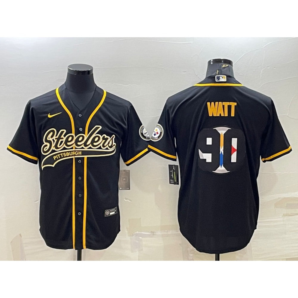 Men's Pittsburgh Steelers #90 T. J. Watt Black Team Big Logo With Patch Cool Base Stitched Baseball Jersey 