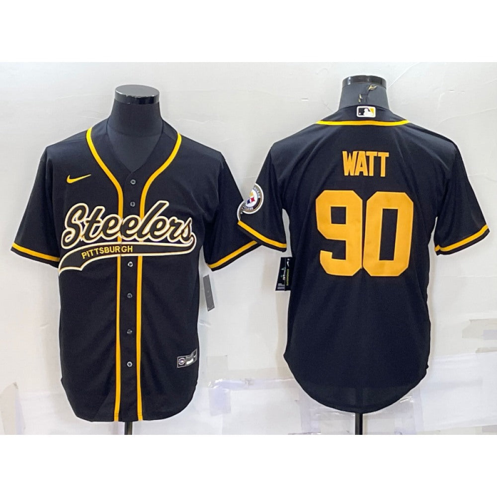 Men's Pittsburgh Steelers #90 T.J. Watt Black Gold With Patch Cool Base Stitched Baseball Jersey 